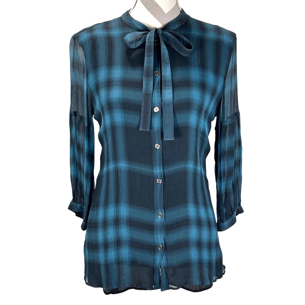 Burberry Plaid Georgette 100% Silk Blouse Shirt Tie Neck‎ Button Front  Women L